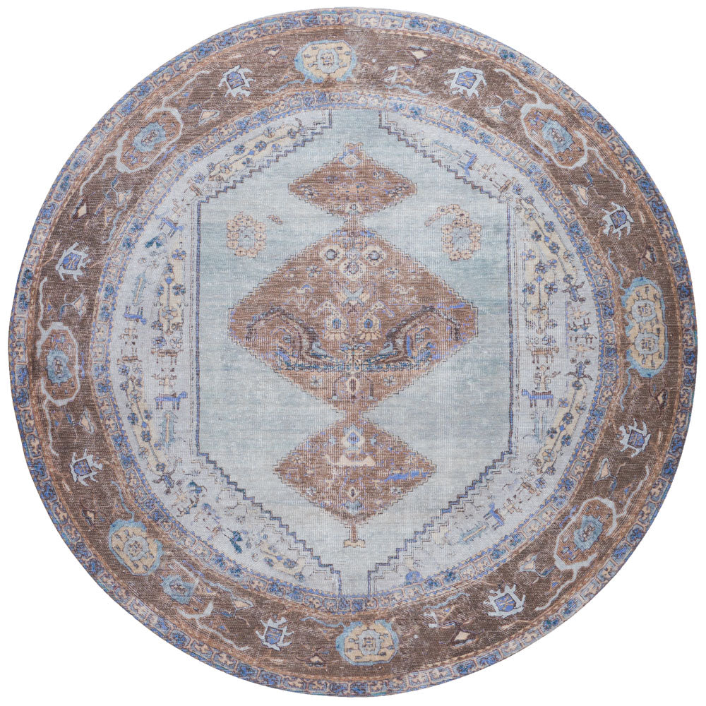 Rond vloerkleed met paarsbruine ornamenten en centraal ruitpatroon, ø120 cm