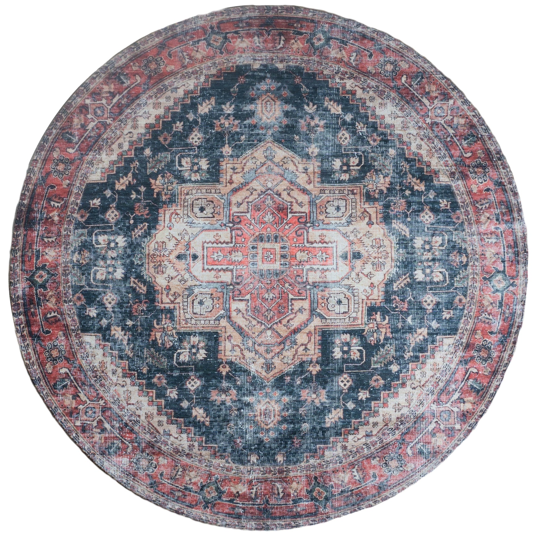 Rond vloerkleed met gedetailleerd medaillonpatroon in blauw, rood en beige