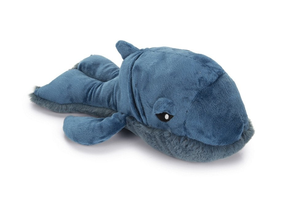 Blauwe stoffen walvis knuffel met grote ogen en opgerolde staart, ca. 34 cm