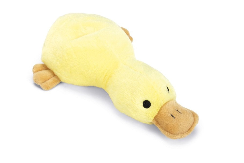 Knuffel eend van zacht geel pluche met bruin snavel en zwarte oogjes