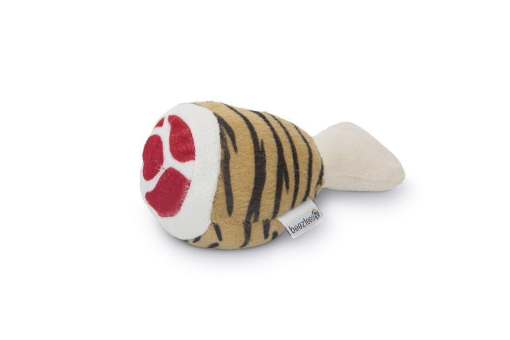 Pluche drumstickknuffel met tijgerstrepen en rode pootafdrukken, wit uiteinde