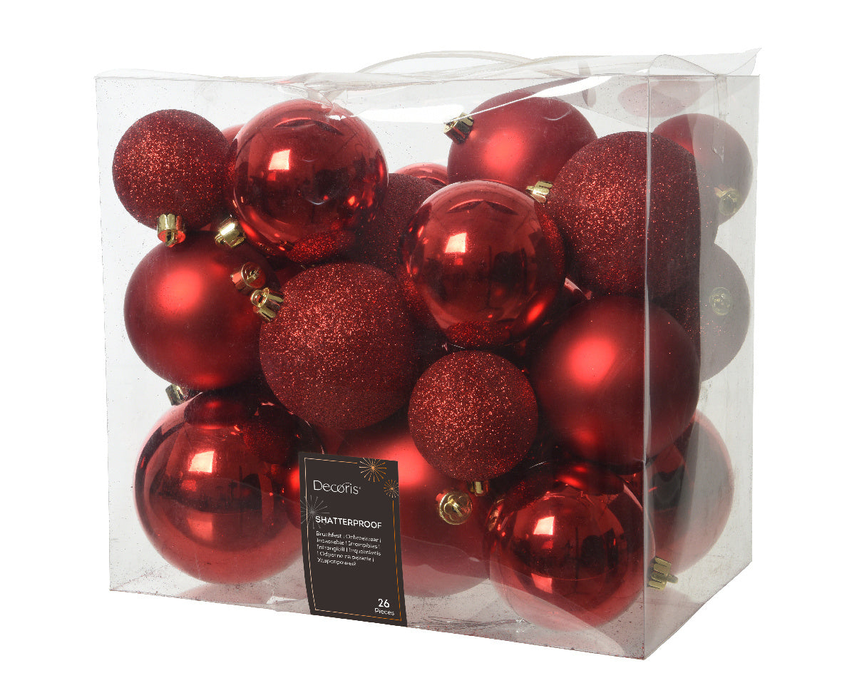 Kerstballen kunststof rood shiny, matt, glitter mix