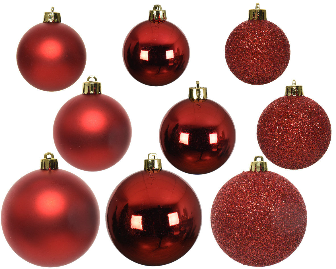 Kerstballen kunststof rood shiny, matt, glitter mix