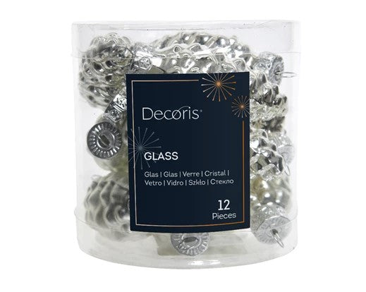 Dennenappel zilver 12 stuks D 2,5 cm x H 6,0 cm - Decoris