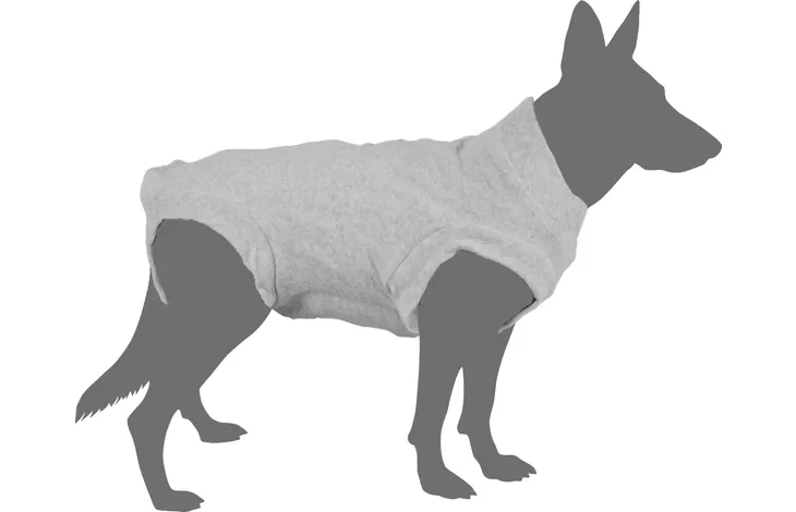 Grijze veiligheidsbody voor hond met hals- en pootopeningen, zijdelingse opname.