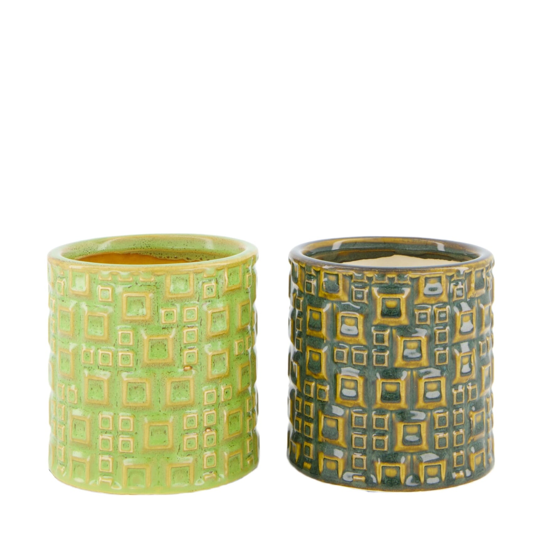 Keramische bloempotenset, groene en donkerblauwe met goudkleurig patroon, 11,5 cm