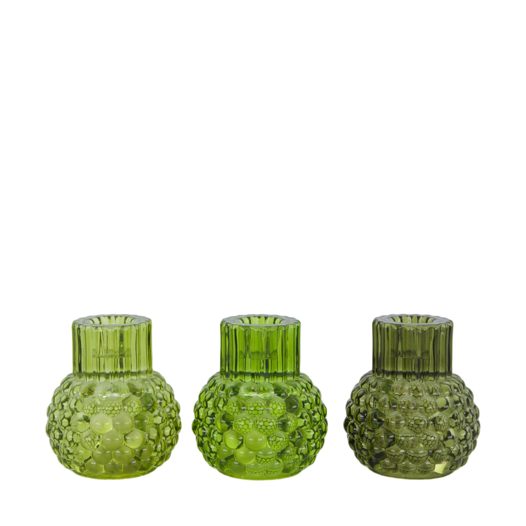 Set van 3 theelicht houders van groen glas met reliëf, ronde vorm