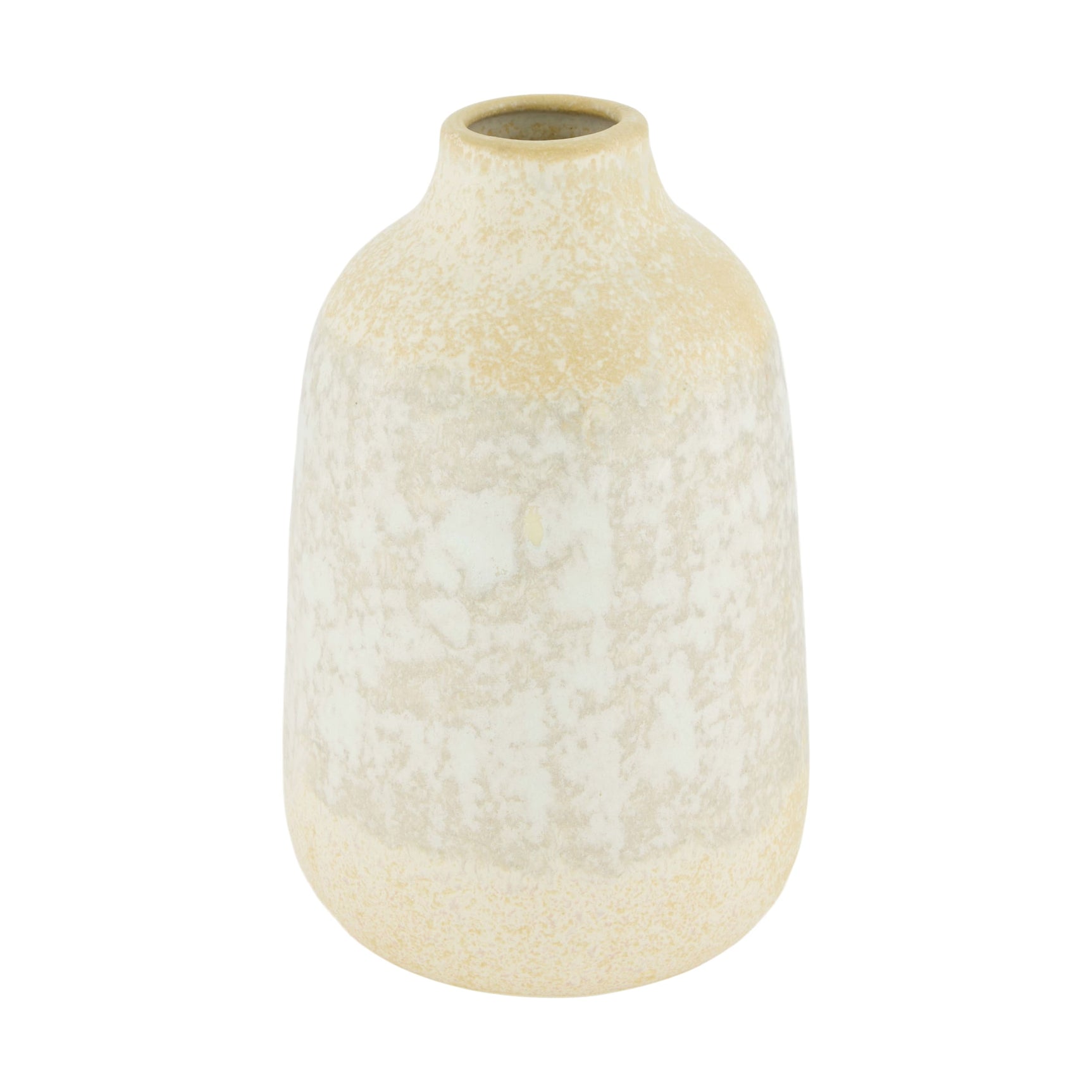 Keramische fles met smalle hals en witte, gesprenkelde afwerking