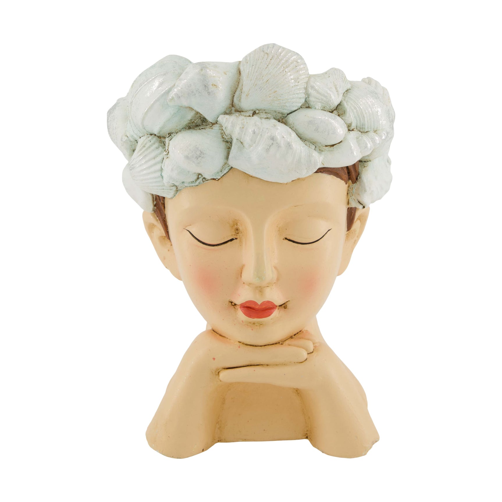 Magnesium bloempot in gezichtsfiguur met witte schelpenmuts, beige gezicht en gesloten ogen
