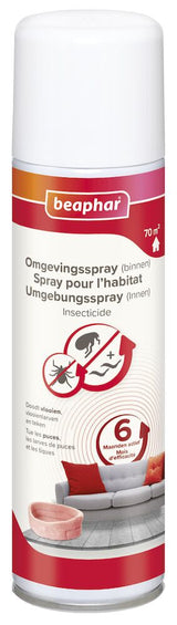 Beaphar omgevingsspray in witte spuitbus met rood etiket, anti-vlooien.