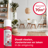 Beaphar omgevingsspray spuitbus met label 70 m2 en tekst Doodt vlooien.