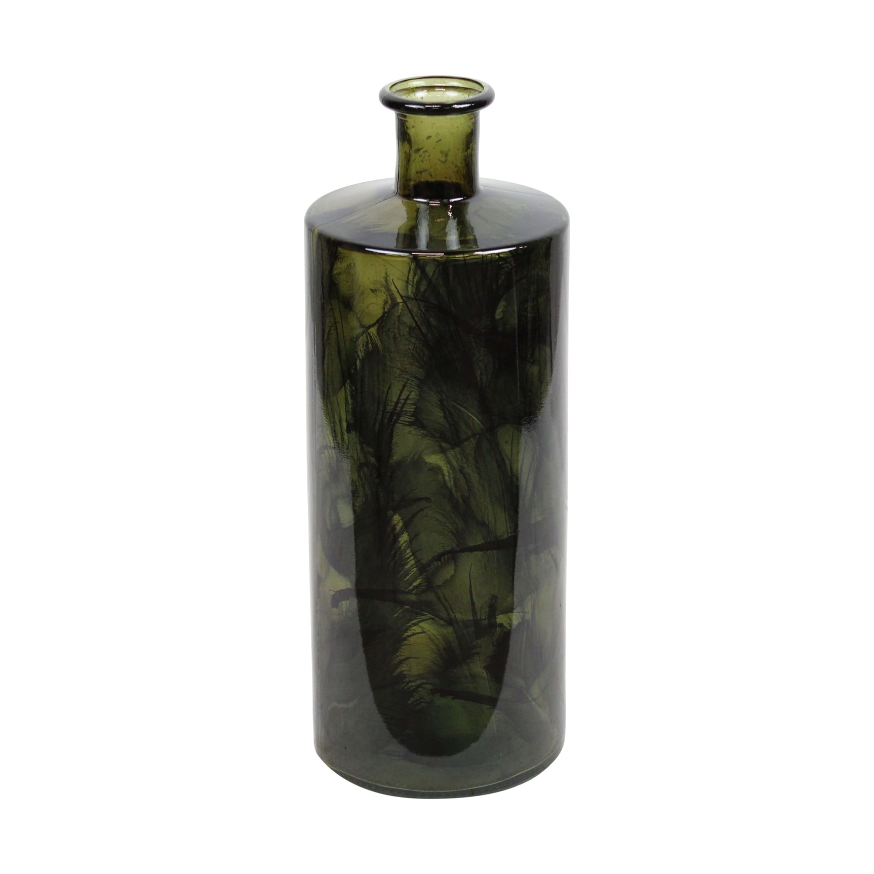 Hoge vaas van gerecycled glas, olijfgroen, cilinder met smalle hals, 15x15x40 cm.