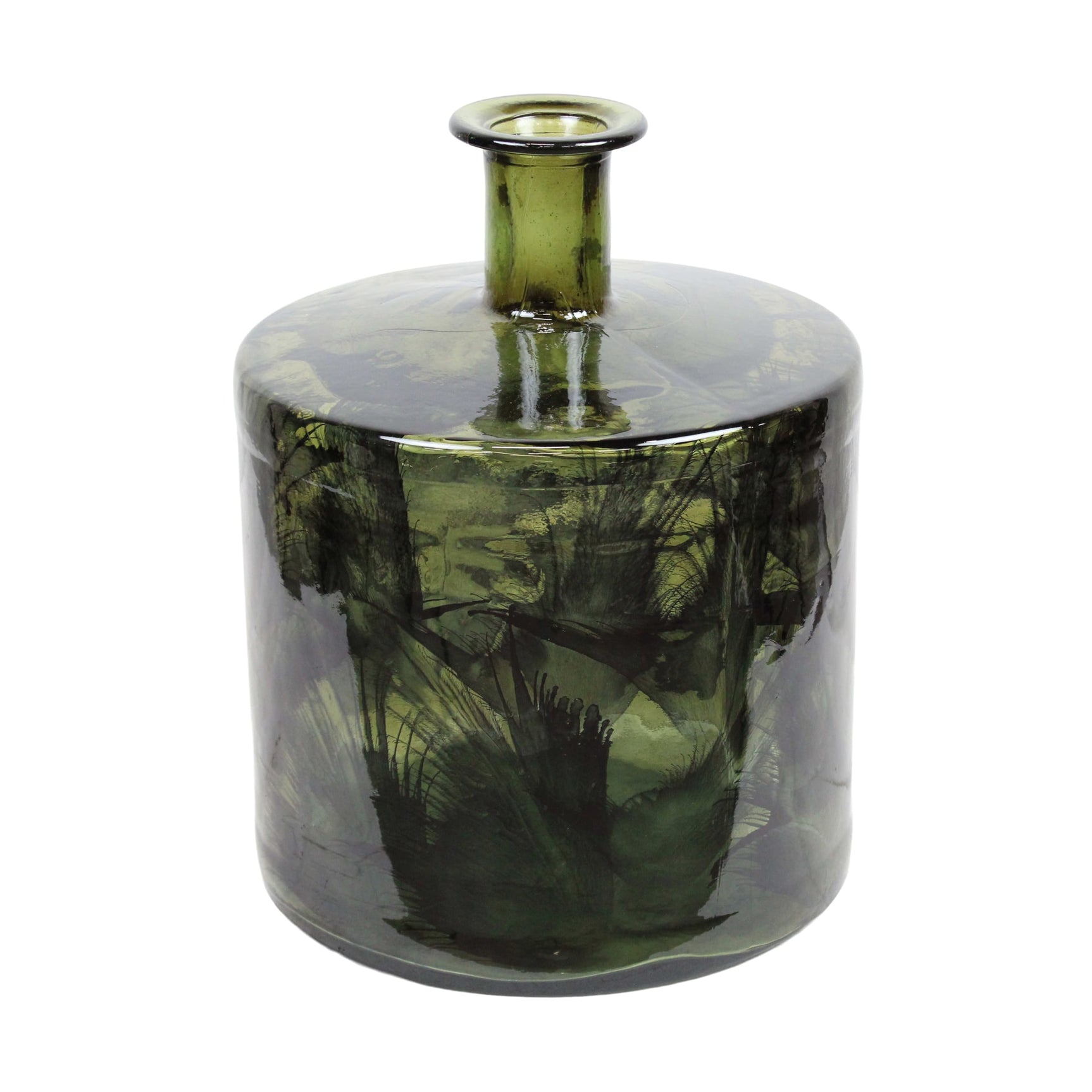 Recycled glazen vaas met bolle vorm en groen getint glas, korte hals.