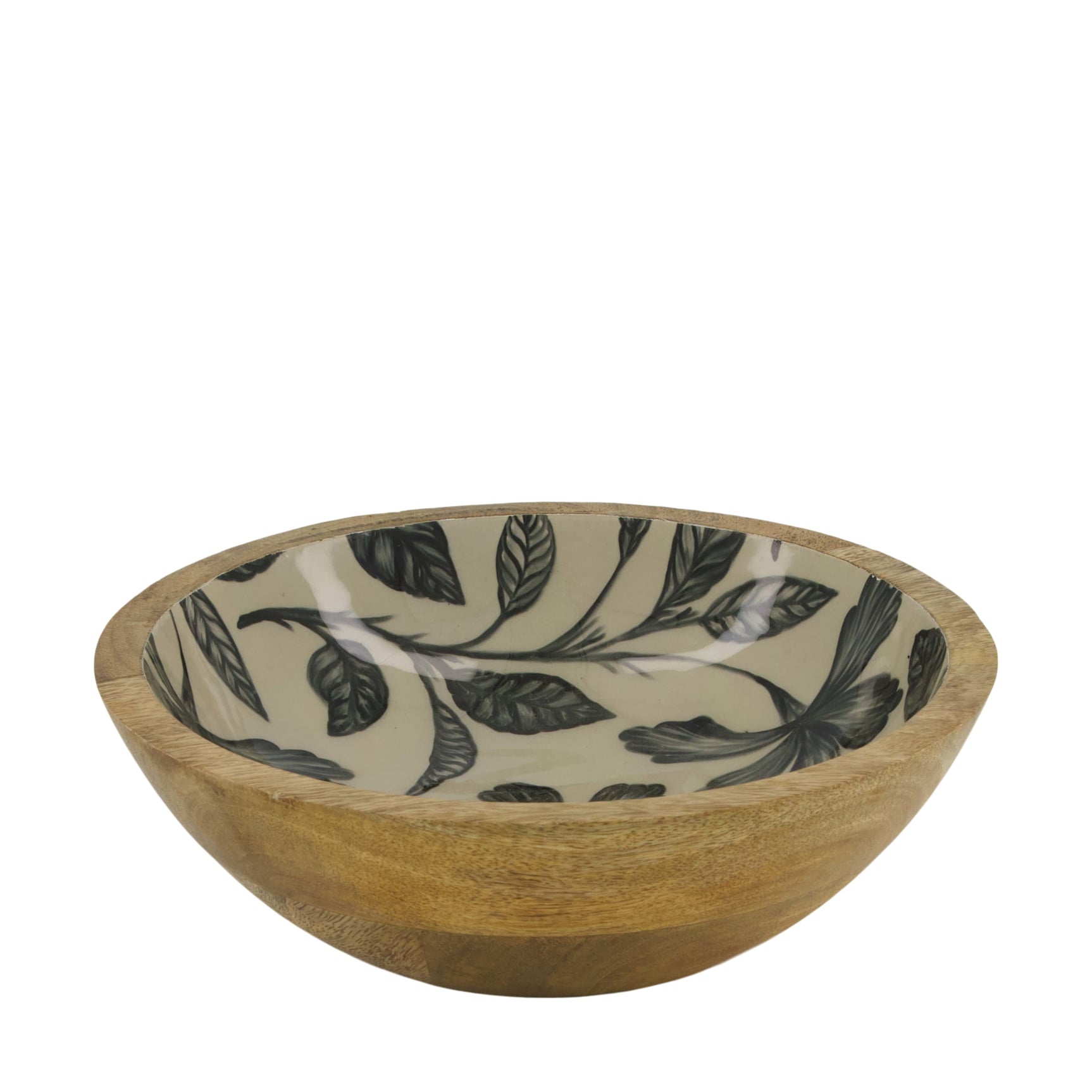 Ronde mango houten kom met bladaanprint in zwartgroen op witte binnenkant.