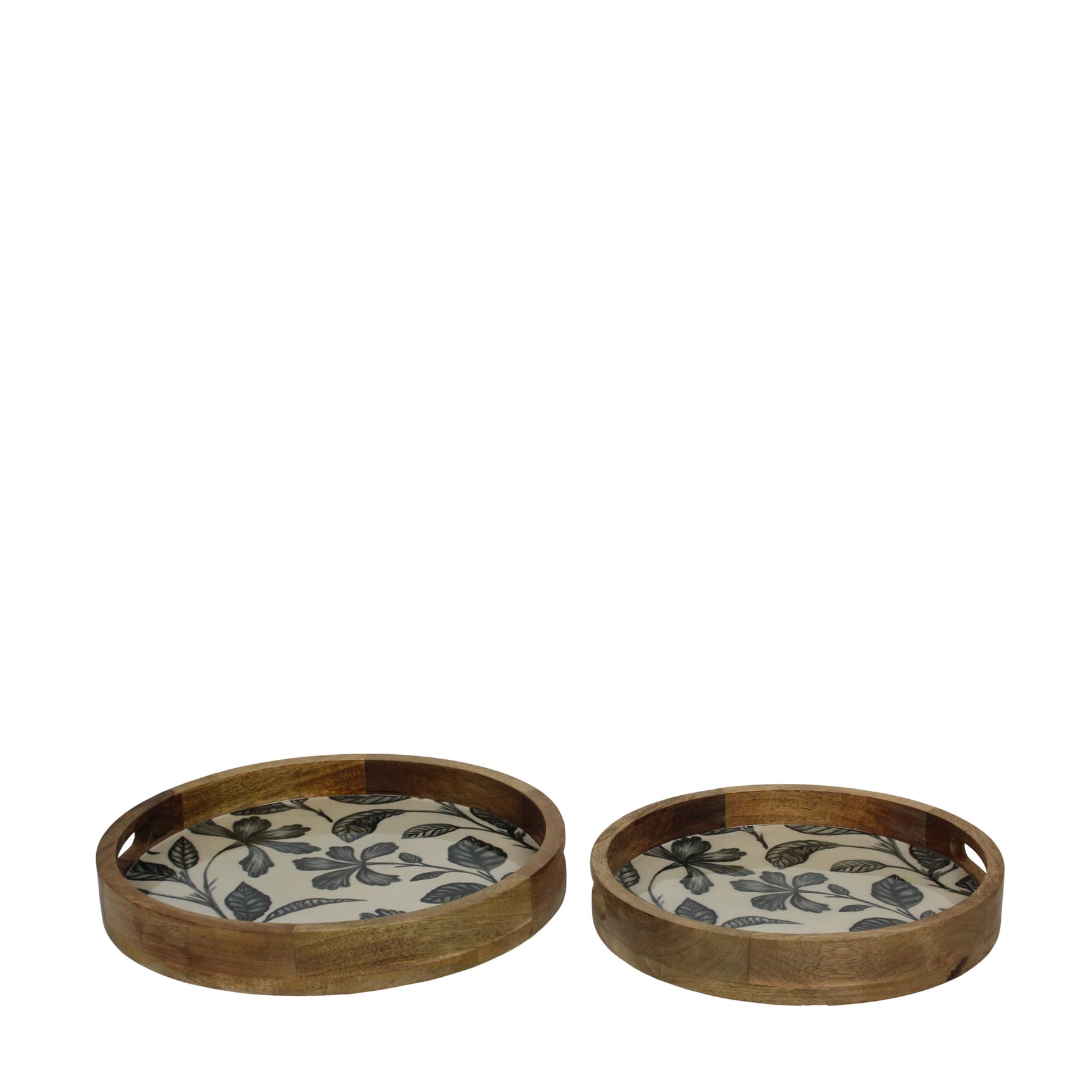 Set van 2 ronde mangohouten dienbladen met decoratieve print
