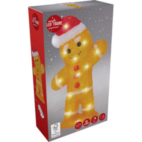 Gingerbreadman LED-figuur in doos met rode-witte muts, gele acryl, glimlach
