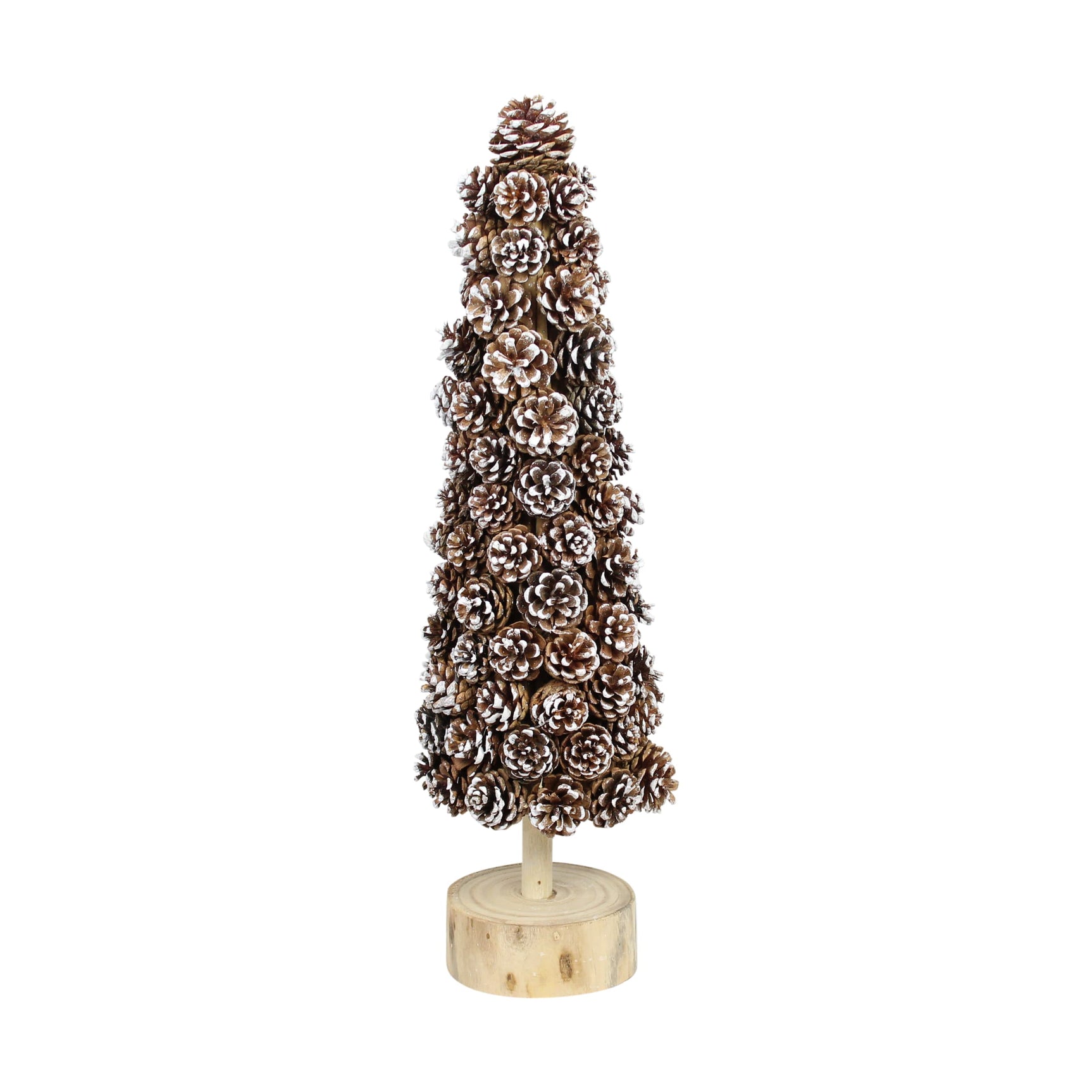 Boombeeld van dennenappels op ronde houten voet, ca. 70 cm hoog