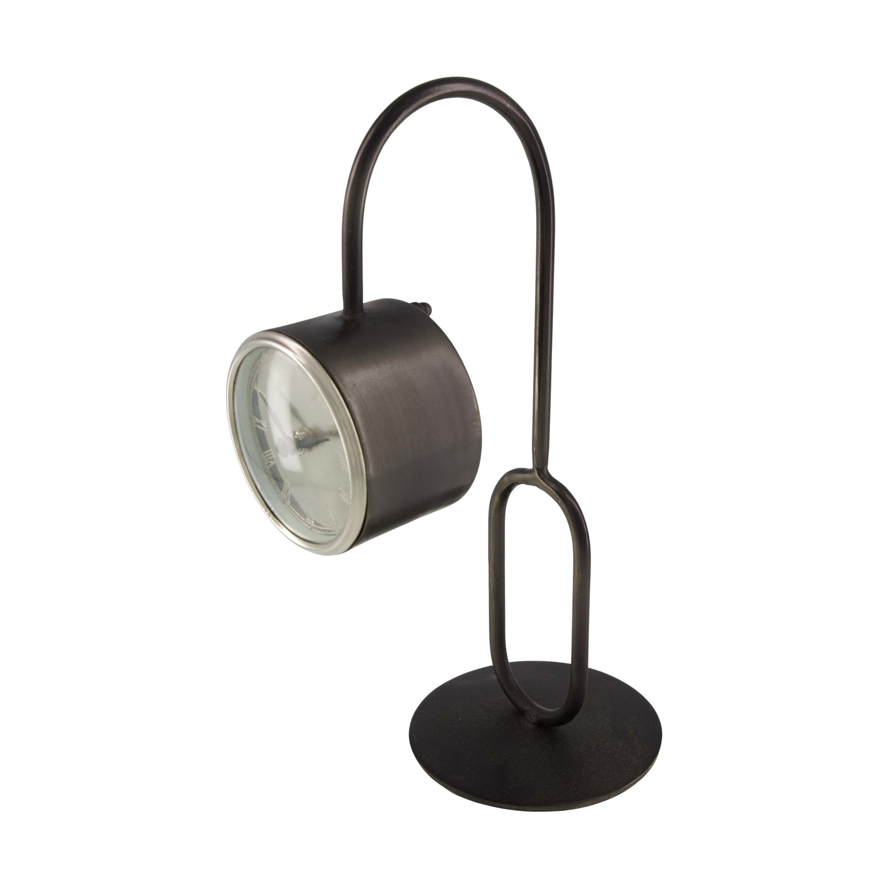 Ronde metalen klok met glazen voorkant en donkere metalen beugel/standaard