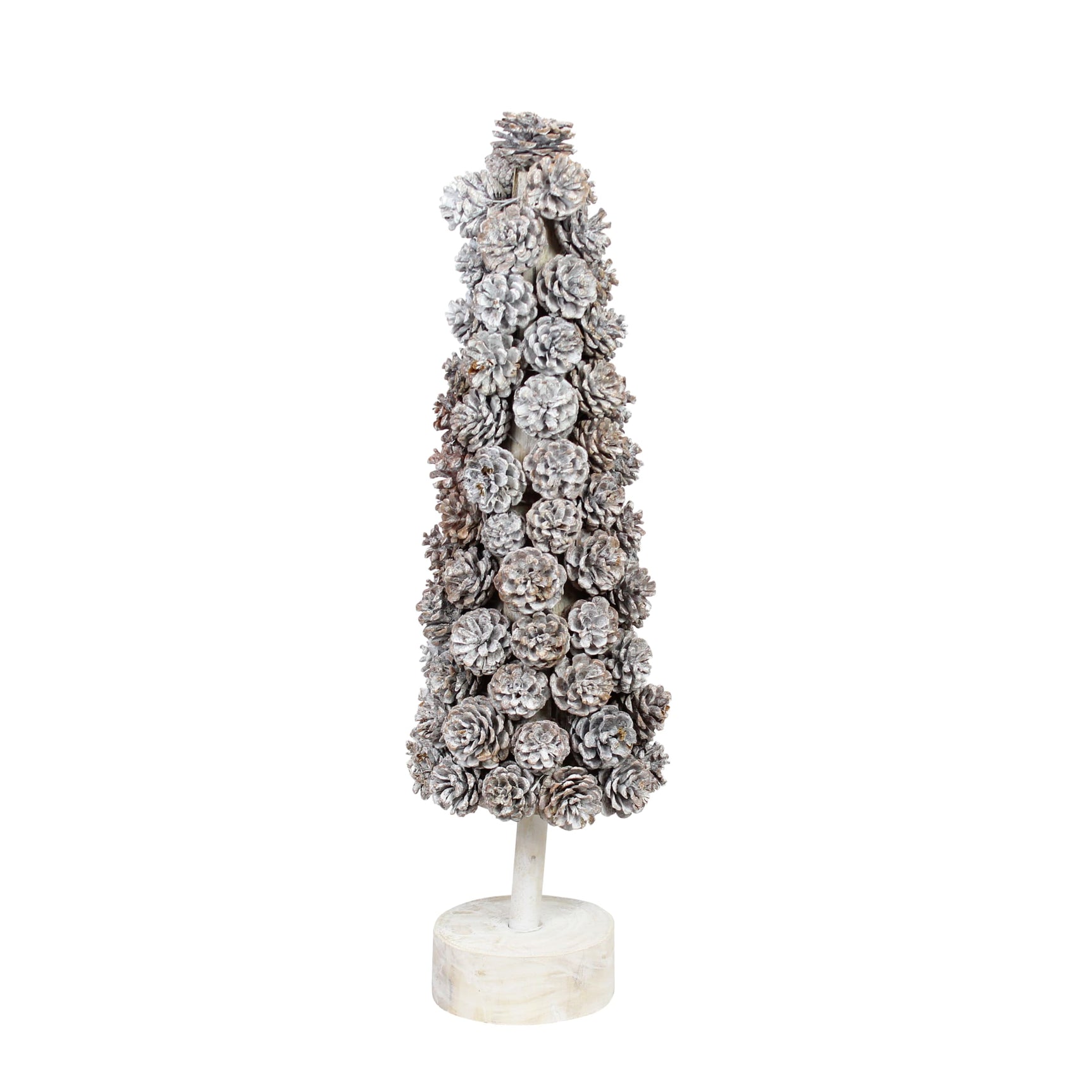 Decoratieve dennenappelboom met zilverkleurige kegels op ronde houten voet