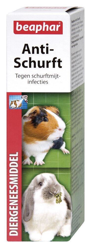 Beaphar anti-schurft medicijn-doos met tekst en afbeelding van cavia en konijn