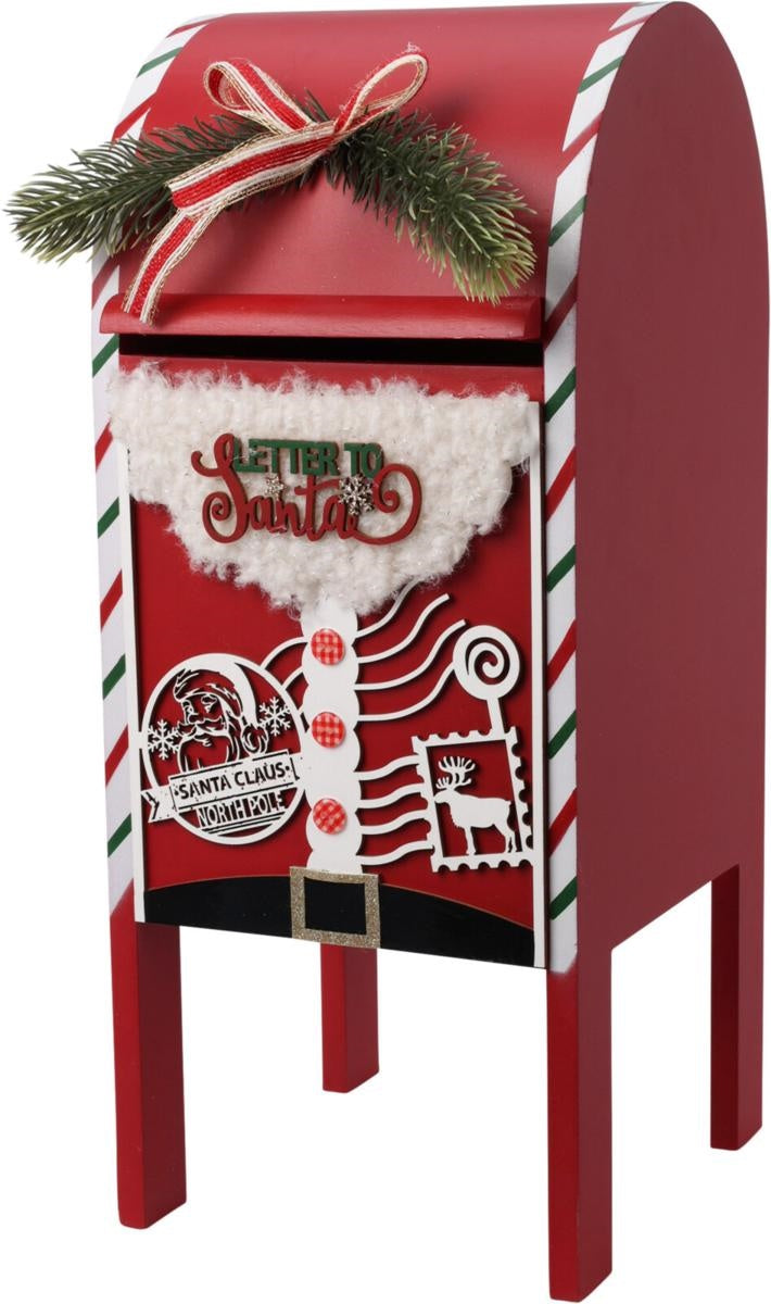 Rode decoratieve kerstbrievenbus met Santa-illustratie en houten pootjes, 45 cm