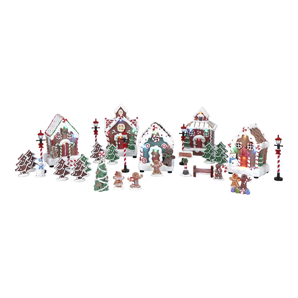 Peperkoek kerstdorp met 5 huisjes en warmwitte ledverlichting, decoratieve figuurtjes