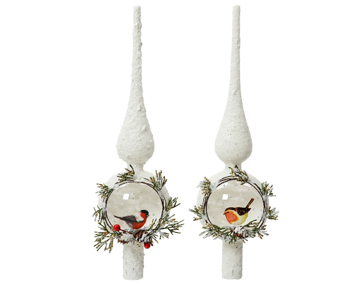 Set van 2 decoratieve glazen pieken met vogeltjes en witte, korrelige afwerking