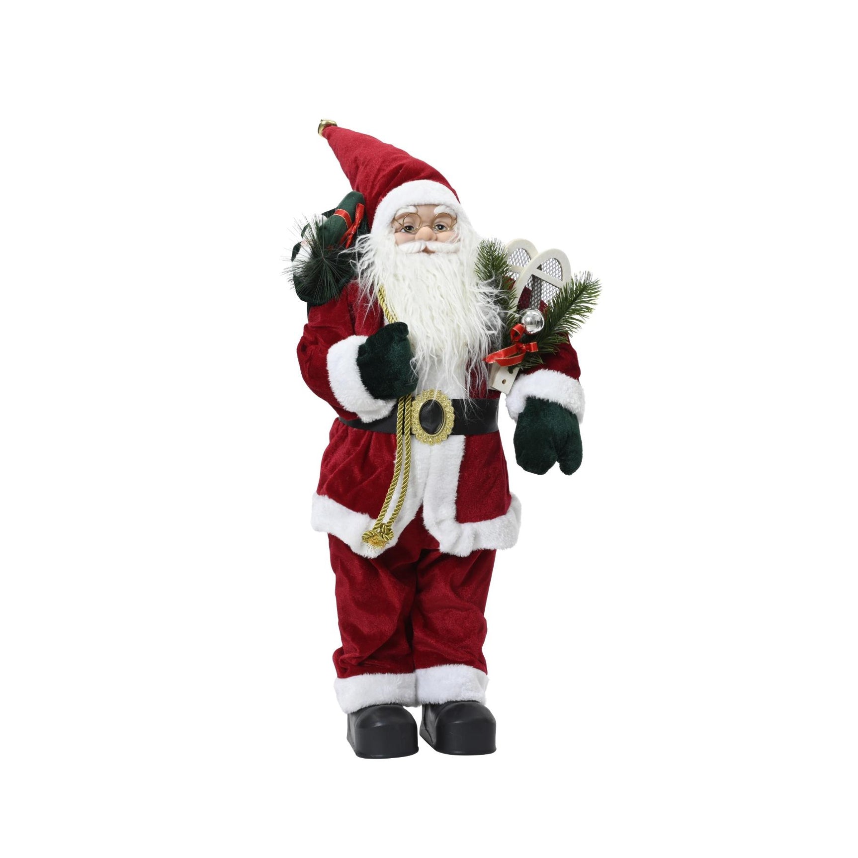 Kerstmanfiguur van polyester, 60 cm, rode jas met witte rand en groene krans in hand