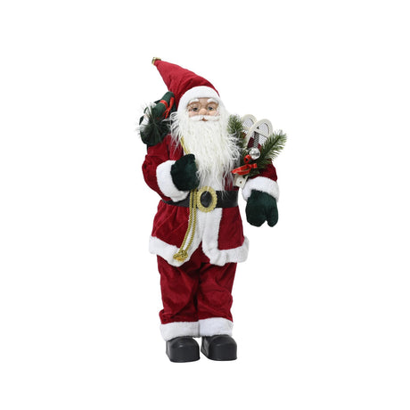 Kerstmanfiguur van polyester, 60 cm, rode jas met witte rand en groene krans in hand