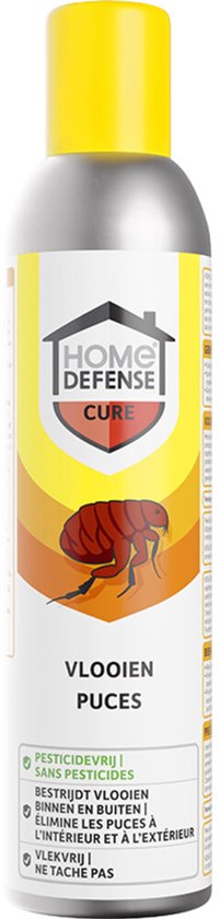 Vlooienspray HOME DEFENSE®: grijze sprayfles met gele dop en vlooien-etiket