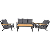 Loungeset met twee fauteuils en driezitsbank, grijze kussens en salontafel, houtlook