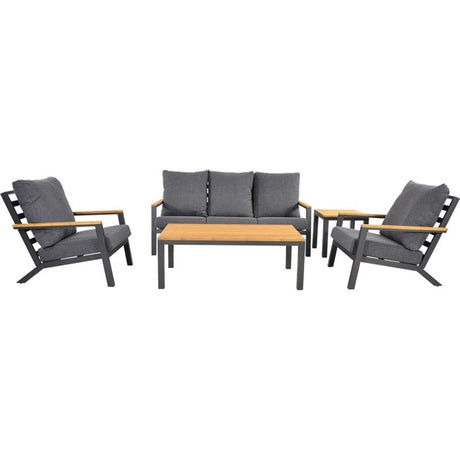 Loungeset met twee fauteuils en driezitsbank, grijze kussens en salontafel, houtlook