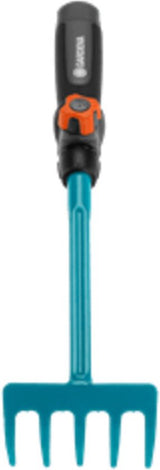 GARDENA handharkje met oranje vergrendeling, blauwe steel en teal harkkop