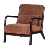 Bruine chenille fauteuil met donkere armleuningen en rechte poten.
