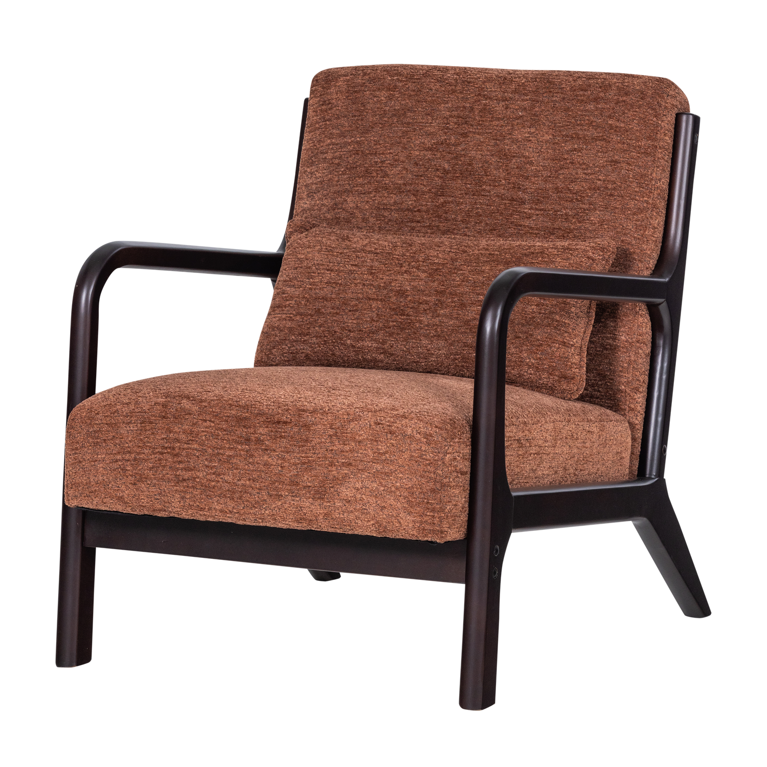 Bruine chenille fauteuil met donkere armleuningen en rechte poten.