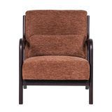 Bruine chenille fauteuil met donkere armleuningen en rechte poten, vooraanzicht.
