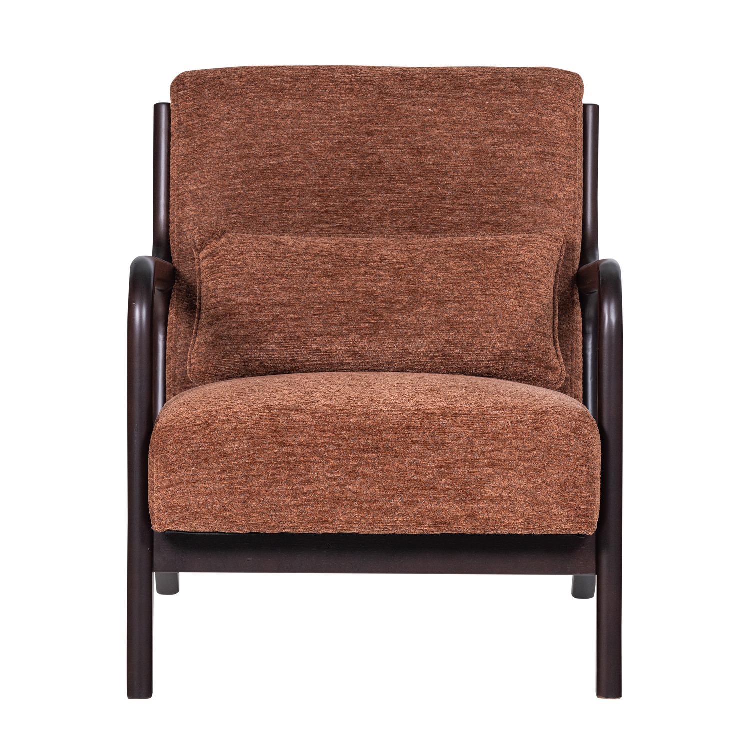 Bruine chenille fauteuil met donkere armleuningen en rechte poten, vooraanzicht.