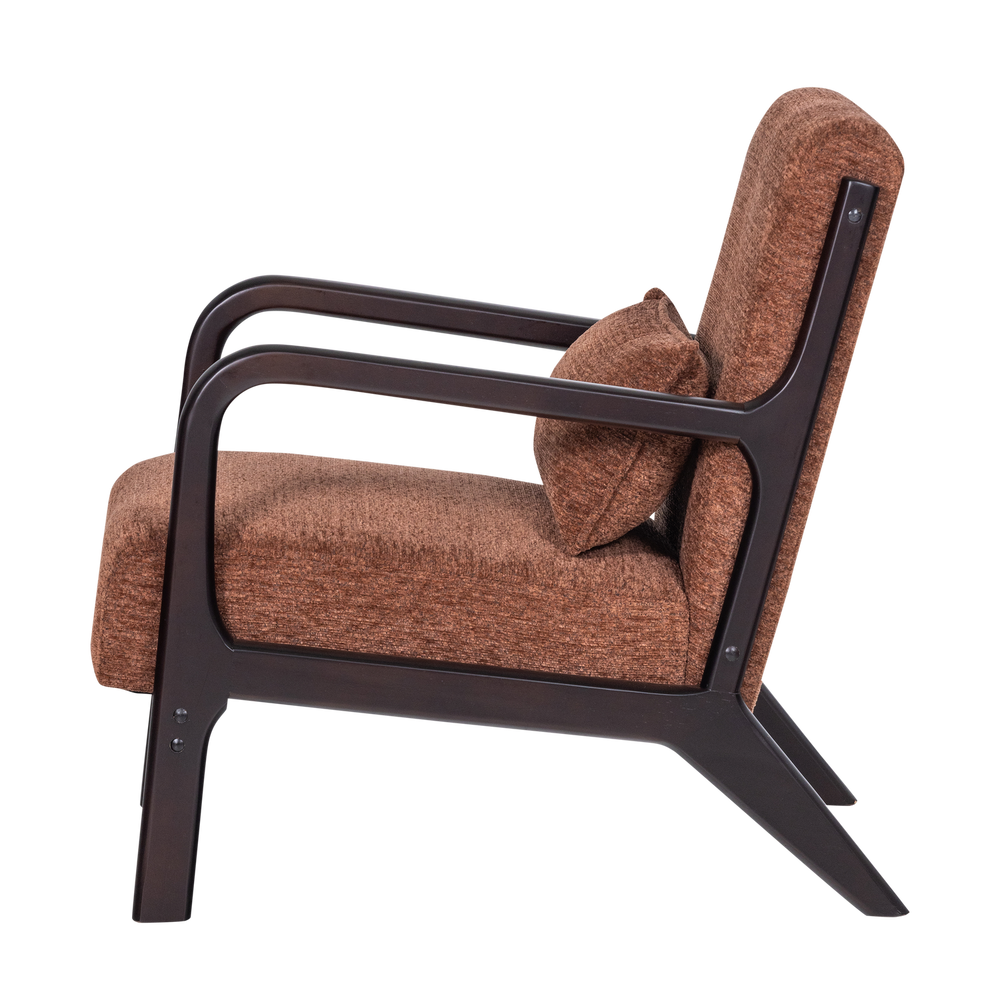 Bruine chenille fauteuil met donker frame en armleuning, zijdelings gezien.