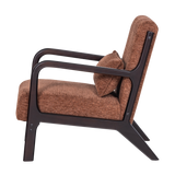 Bruine chenille fauteuil met donker frame en armleuning, zijdelings gezien.