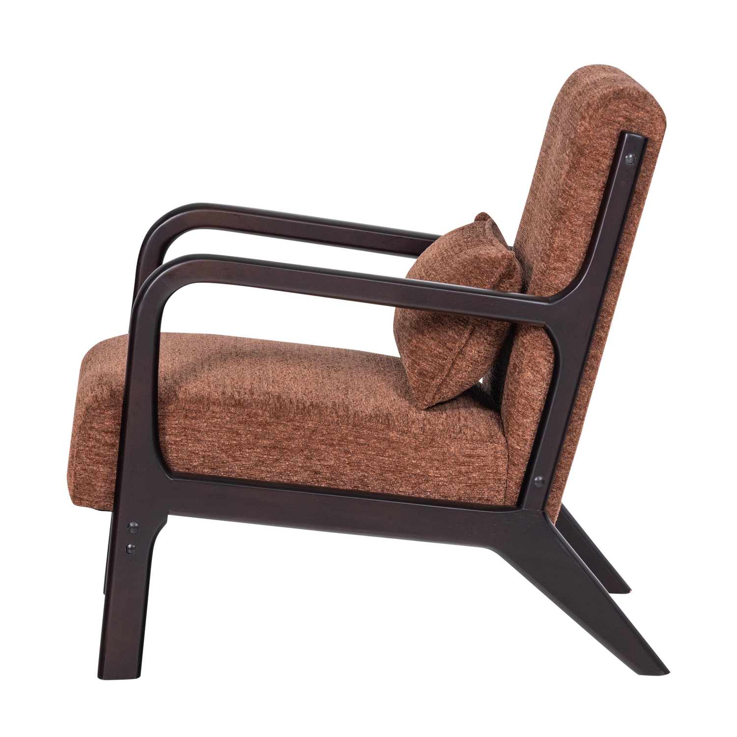 Bruine chenille fauteuil met donker frame en armleuning, zijdelings gezien.