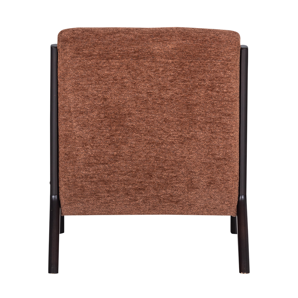 Bruine chenille fauteuil met rugleuning en donkere poten, achteraanzicht.