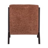 Bruine chenille fauteuil met rugleuning en donkere poten, achteraanzicht.
