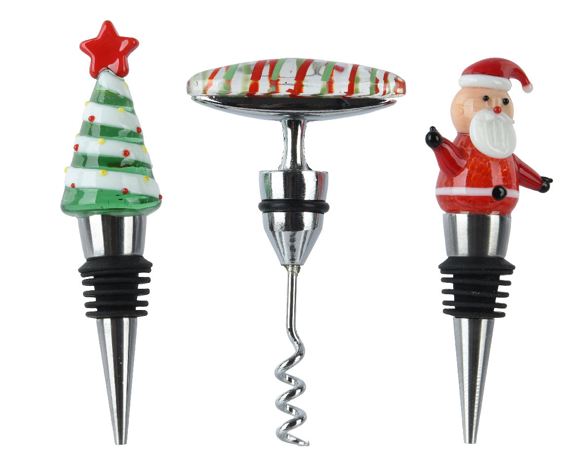 RVS flesopener met kerstboom- en kerstmanfiguur, met kurkentrekker