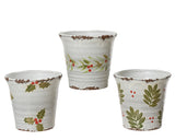 Set bloempotten (3) met witte print: kerstblad en rode bessen