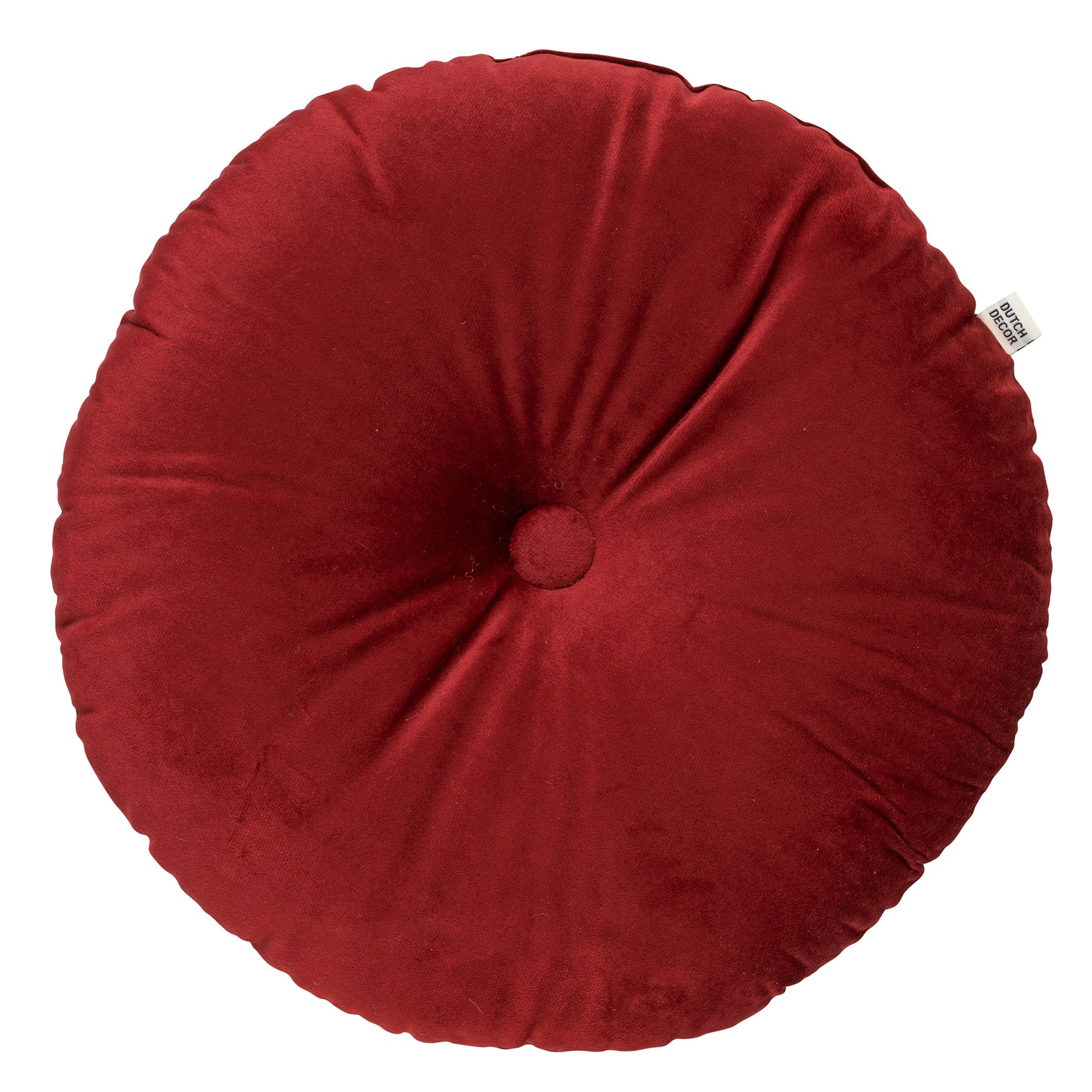 Rond fluwelen sierkussen Olly met knoopdetail, merlotkleurig