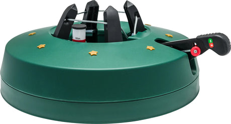 Groene kerstboomstandaard met zwarte klemmen en rood-groene knop.