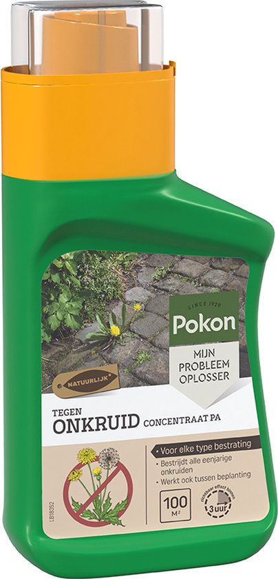 Onkruidconcentraatfles Pokon tegen onkruid, groene fles met oranje dop en etiket