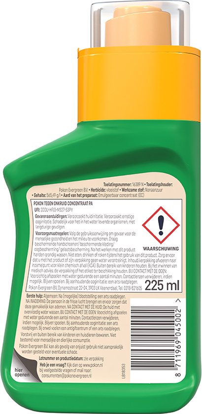 Pokon onkruidconcentraatfles met achteretiket en barcode, 225 ml