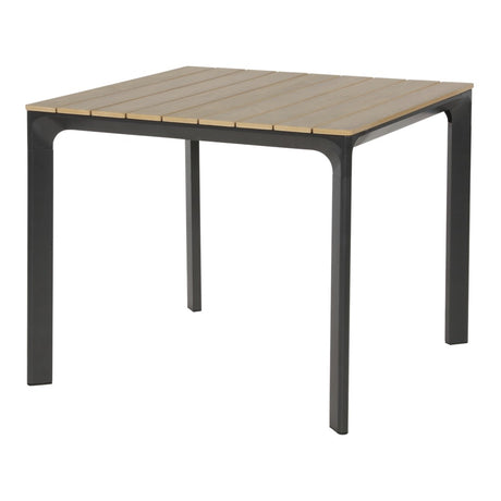 Eettafel 90x90cm met houten lattenblad en zwart metalen onderstel