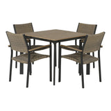 Tafelset met vier stoelen, beige zitting en rug en houten lattenblad op zwart frame